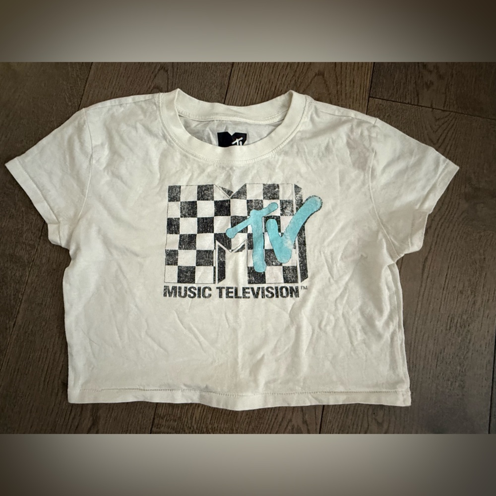 MTV White and Blue Checkered Crop Tee Size S